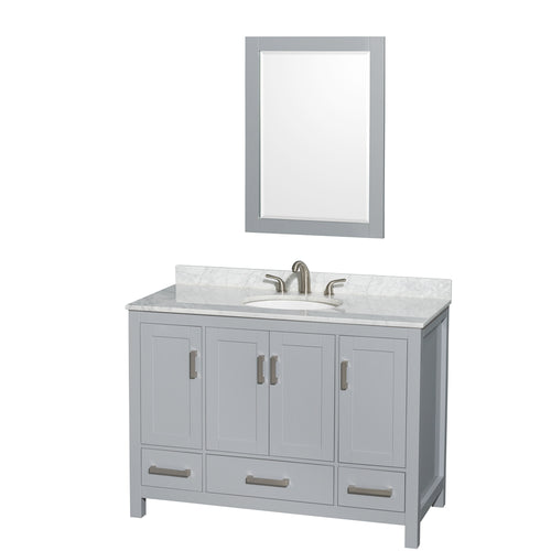 Wyndham Sheffield 48 Inch Single Bathroom Vanity in Gray, White Carrara Marble Countertop, Undermount Oval Sink, and 24 Inch Mirror- Wyndham