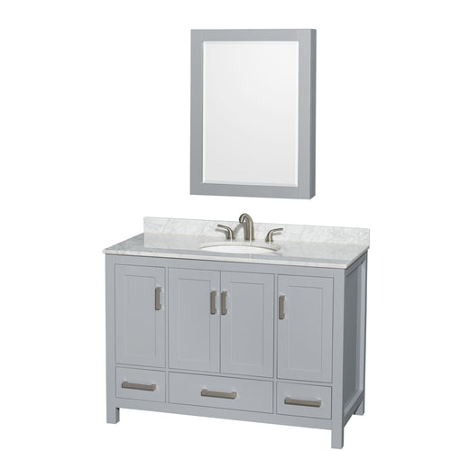 Wyndham Sheffield 48 Inch Single Bathroom Vanity in Gray, White Carrara Marble Countertop, Undermount Oval Sink, and Medicine Cabinet- Wyndham