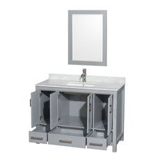 Load image into Gallery viewer, Wyndham Sheffield 48 Inch Single Bathroom Vanity in Gray, White Carrara Marble Countertop, Undermount Square Sink, and 24 Inch Mirror- Wyndham