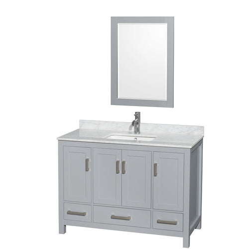 Wyndham Sheffield 48 Inch Single Bathroom Vanity in Gray, White Carrara Marble Countertop, Undermount Square Sink, and 24 Inch Mirror- Wyndham