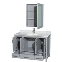 Load image into Gallery viewer, Wyndham Sheffield 48 Inch Single Bathroom Vanity in Gray, White Carrara Marble Countertop, Undermount Square Sink, and Medicine Cabinet- Wyndham