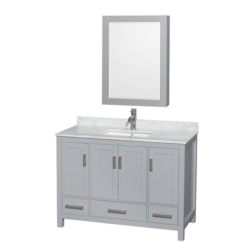 Wyndham Sheffield 48 Inch Single Bathroom Vanity in Gray, White Carrara Marble Countertop, Undermount Square Sink, and Medicine Cabinet- Wyndham
