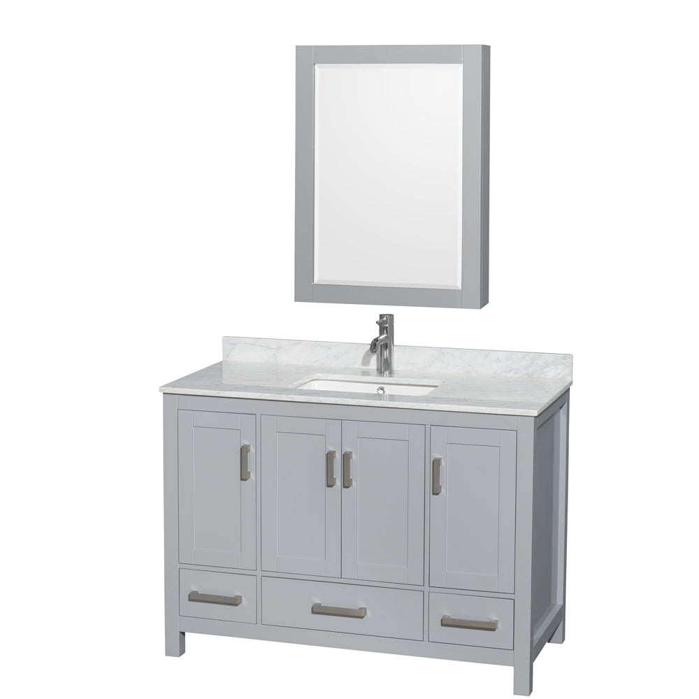 Wyndham Sheffield 48 Inch Single Bathroom Vanity in Gray, White Carrara Marble Countertop, Undermount Square Sink, and Medicine Cabinet- Wyndham