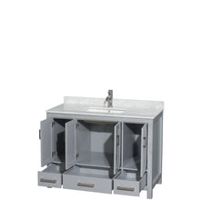 Load image into Gallery viewer, Wyndham Sheffield 48 Inch Single Bathroom Vanity in Gray, White Carrara Marble Countertop, Undermount Square Sink, and No Mirror- Wyndham
