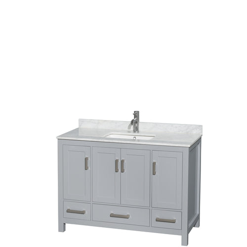 Wyndham Sheffield 48 Inch Single Bathroom Vanity in Gray, White Carrara Marble Countertop, Undermount Square Sink, and No Mirror- Wyndham
