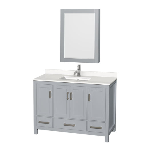 Wyndham Sheffield 48 Inch Single Bathroom Vanity in Gray, White Quartz Countertop, Undermount Square Sink, Medicine Cabinet- Wyndham