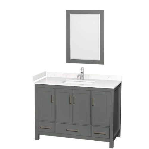 Wyndham Sheffield 48 Inch Single Bathroom Vanity in Dark Gray, Carrara Cultured Marble Countertop, Undermount Square Sink, 24 Inch Mirror- Wyndham
