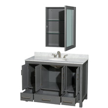 Load image into Gallery viewer, Wyndham Sheffield 48 Inch Single Bathroom Vanity in Dark Gray, White Carrara Marble Countertop, Undermount Oval Sink, and Medicine Cabinet- Wyndham
