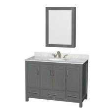 Load image into Gallery viewer, Wyndham Sheffield 48 Inch Single Bathroom Vanity in Dark Gray, White Carrara Marble Countertop, Undermount Oval Sink, and Medicine Cabinet- Wyndham
