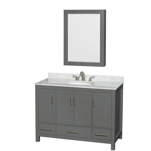 Wyndham Sheffield 48 Inch Single Bathroom Vanity in Dark Gray, White Carrara Marble Countertop, Undermount Oval Sink, and Medicine Cabinet- Wyndham
