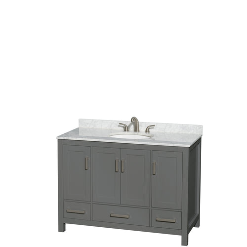 Wyndham Sheffield 48 Inch Single Bathroom Vanity in Dark Gray, White Carrara Marble Countertop, Undermount Oval Sink, and No Mirror- Wyndham