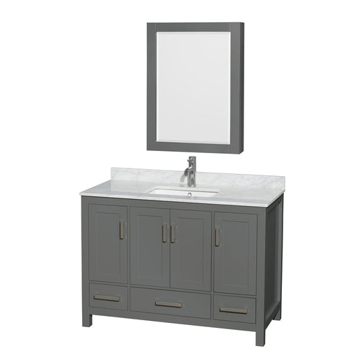 Wyndham Sheffield 48 Inch Single Bathroom Vanity in Dark Gray, White Carrara Marble Countertop, Undermount Square Sink, and Medicine Cabinet- Wyndham