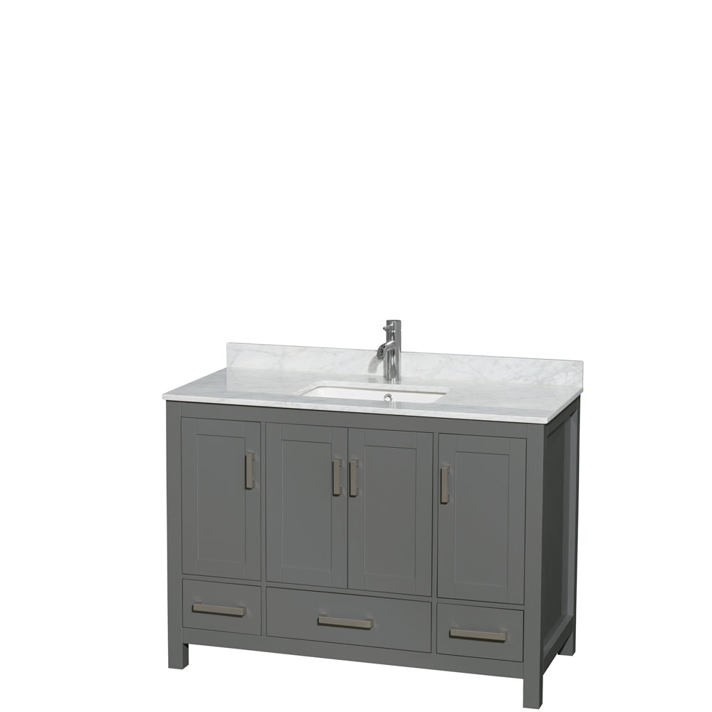 Wyndham Sheffield 48 Inch Single Bathroom Vanity in Dark Gray, White Carrara Marble Countertop, Undermount Square Sink, and No Mirror- Wyndham