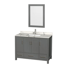 Load image into Gallery viewer, Wyndham Sheffield 48 Inch Single Bathroom Vanity in Dark Gray, Calacatta Quartz Countertop, Undermount Square Sink, 24 Inch Mirror- Wyndham