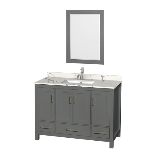 Wyndham Sheffield 48 Inch Single Bathroom Vanity in Dark Gray, Calacatta Quartz Countertop, Undermount Square Sink, 24 Inch Mirror- Wyndham