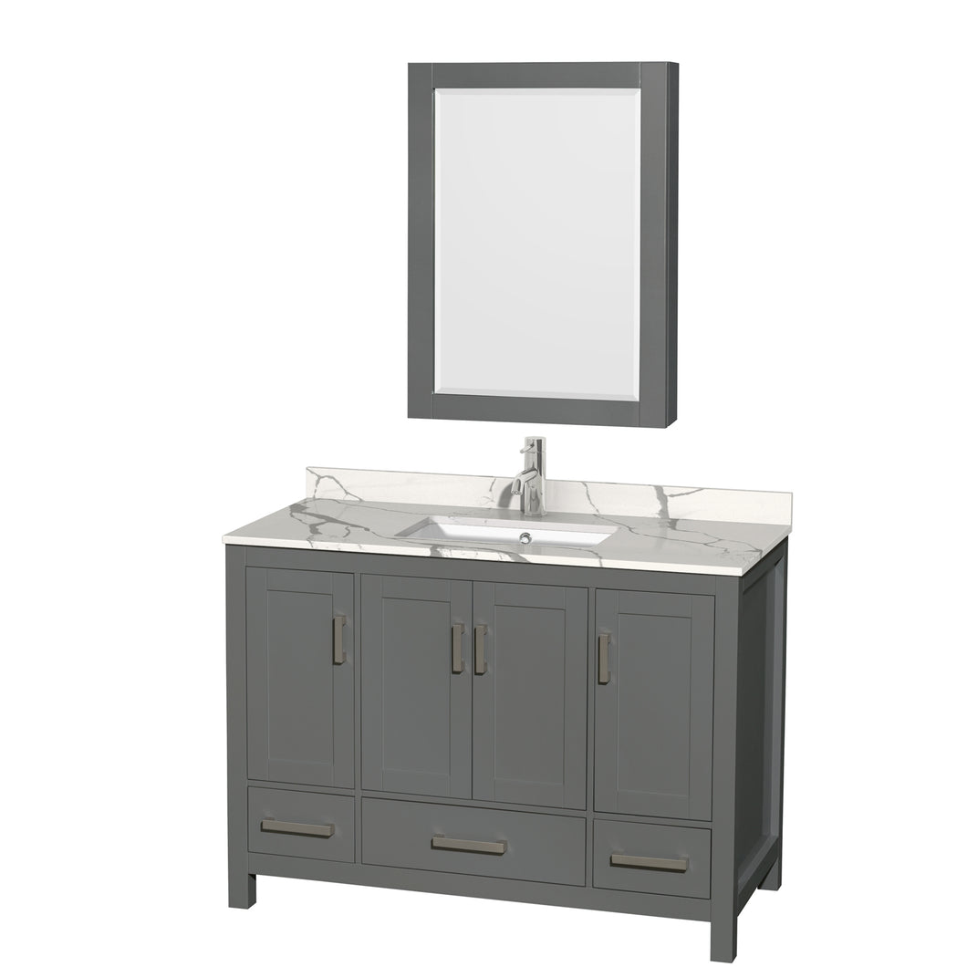 Wyndham Sheffield 48 Inch Single Bathroom Vanity in Dark Gray, Calacatta Quartz Countertop, Undermount Square Sink, Medicine Cabinet- Wyndham