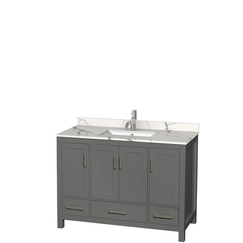 Wyndham Sheffield 48 Inch Single Bathroom Vanity in Dark Gray, Calacatta Quartz Countertop, Undermount Square Sink, No Mirror- Wyndham