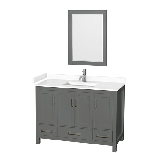 Wyndham Sheffield 48 Inch Single Bathroom Vanity in Dark Gray, White Cultured Marble Countertop, Undermount Square Sink, 24 Inch Mirror- Wyndham