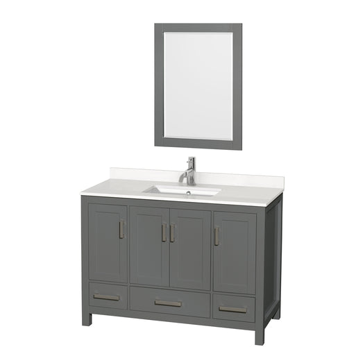 Wyndham Sheffield 48 Inch Single Bathroom Vanity in Dark Gray, White Quartz Countertop, Undermount Square Sink, 24 Inch Mirror- Wyndham
