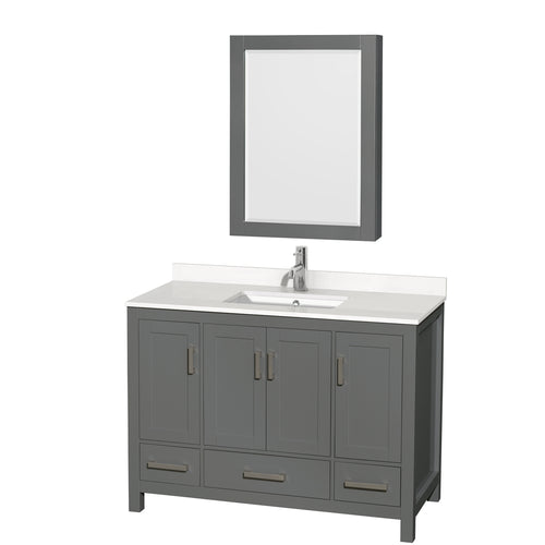 Wyndham Sheffield 48 Inch Single Bathroom Vanity in Dark Gray, White Quartz Countertop, Undermount Square Sink, Medicine Cabinet- Wyndham