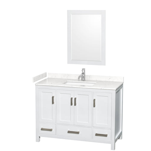Wyndham Sheffield 48 Inch Single Bathroom Vanity in White, Carrara Cultured Marble Countertop, Undermount Square Sink, 24 Inch Mirror- Wyndham