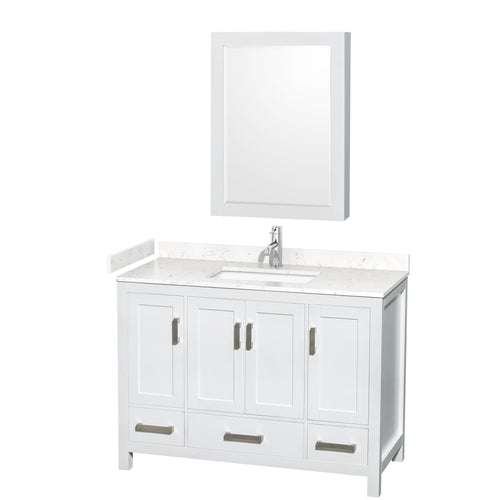 Wyndham Sheffield 48 Inch Single Bathroom Vanity in White, Carrara Cultured Marble Countertop, Undermount Square Sink, Medicine Cabinet- Wyndham