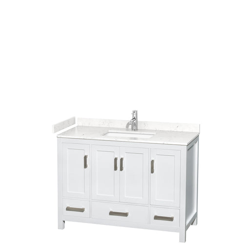 Wyndham Sheffield 48 Inch Single Bathroom Vanity in White, Carrara Cultured Marble Countertop, Undermount Square Sink, No Mirror- Wyndham