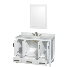 Load image into Gallery viewer, Wyndham Sheffield 48 Inch Single Bathroom Vanity in White, White Carrara Marble Countertop, Undermount Oval Sink, and 24 Inch Mirror- Wyndham