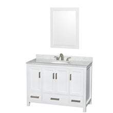 Load image into Gallery viewer, Wyndham Sheffield 48 Inch Single Bathroom Vanity in White, White Carrara Marble Countertop, Undermount Oval Sink, and 24 Inch Mirror- Wyndham