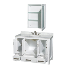 Load image into Gallery viewer, Wyndham Sheffield 48 Inch Single Bathroom Vanity in White, White Carrara Marble Countertop, Undermount Oval Sink, and Medicine Cabinet- Wyndham
