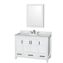 Load image into Gallery viewer, Wyndham Sheffield 48 Inch Single Bathroom Vanity in White, White Carrara Marble Countertop, Undermount Oval Sink, and Medicine Cabinet- Wyndham