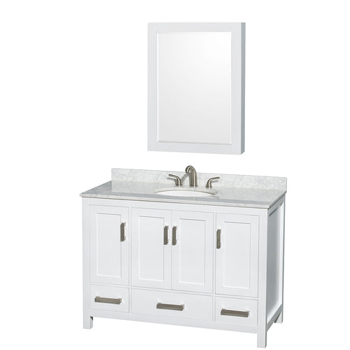 Wyndham Sheffield 48 Inch Single Bathroom Vanity in White, White Carrara Marble Countertop, Undermount Oval Sink, and Medicine Cabinet- Wyndham