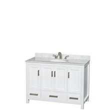 Load image into Gallery viewer, Wyndham Sheffield 48 Inch Single Bathroom Vanity in White, White Carrara Marble Countertop, Undermount Oval Sink, and 24 Inch Mirror- Wyndham