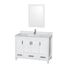 Load image into Gallery viewer, Wyndham Sheffield 48 Inch Single Bathroom Vanity in White, White Carrara Marble Countertop, Undermount Square Sink, and 24 Inch Mirror- Wyndham