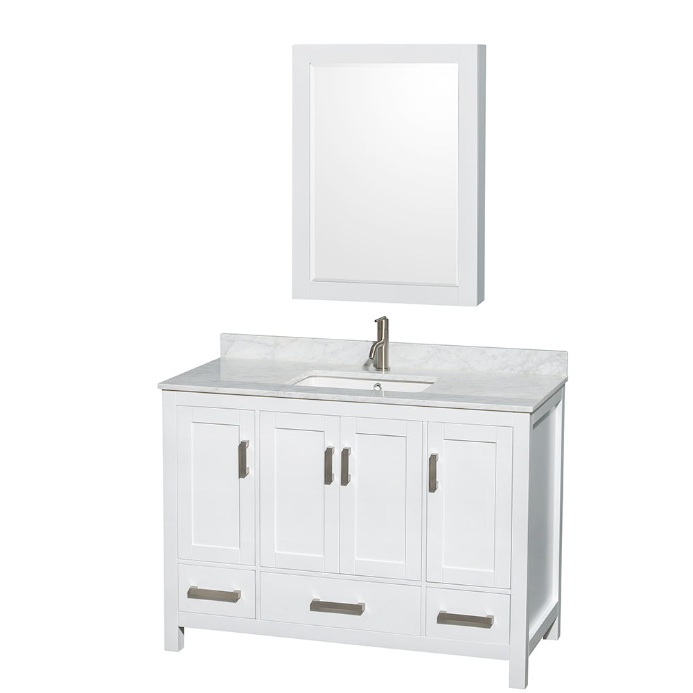 Wyndham Sheffield 48 Inch Single Bathroom Vanity in White, White Carrara Marble Countertop, Undermount Square Sink, and Medicine Cabinet- Wyndham