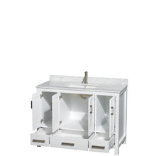 Load image into Gallery viewer, Wyndham Sheffield 48 Inch Single Bathroom Vanity in White, White Carrara Marble Countertop, Undermount Square Sink, and No Mirror- Wyndham