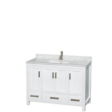 Load image into Gallery viewer, Wyndham Sheffield 48 Inch Single Bathroom Vanity in White, White Carrara Marble Countertop, Undermount Square Sink, and No Mirror- Wyndham