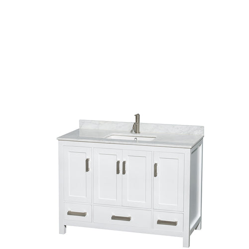 Wyndham Sheffield 48 Inch Single Bathroom Vanity in White, White Carrara Marble Countertop, Undermount Square Sink, and No Mirror- Wyndham