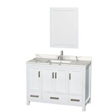 Load image into Gallery viewer, Wyndham Sheffield 48 Inch Single Bathroom Vanity in White, Calacatta Quartz Countertop, Undermount Square Sink, 24 Inch Mirror- Wyndham