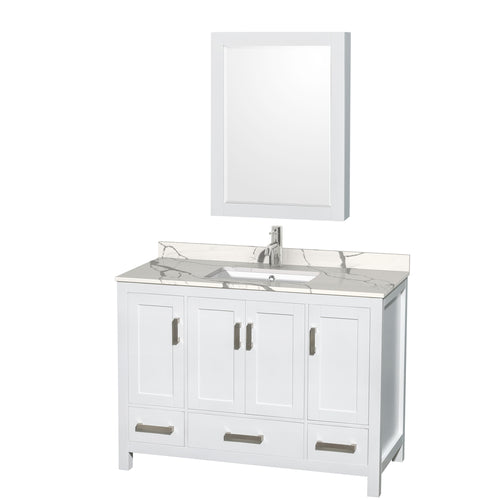 Wyndham Sheffield 48 Inch Single Bathroom Vanity in White, Calacatta Quartz Countertop, Undermount Square Sink, Medicine Cabinet- Wyndham