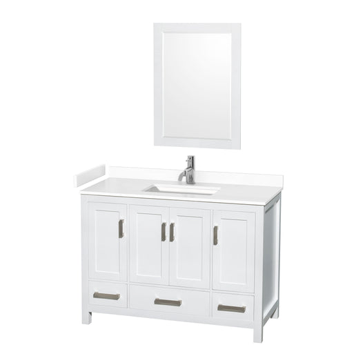 Wyndham Sheffield 48 Inch Single Bathroom Vanity in White, White Cultured Marble Countertop, Undermount Square Sink, 24 Inch Mirror- Wyndham