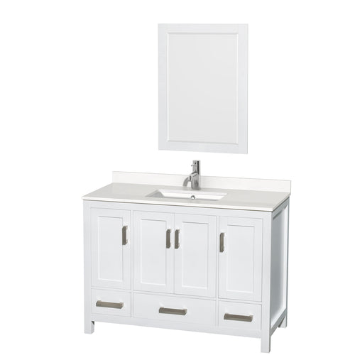 Wyndham Sheffield 48 Inch Single Bathroom Vanity in White, White Quartz Countertop, Undermount Square Sink, 24 Inch Mirror- Wyndham