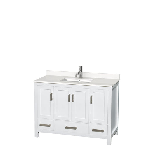 Wyndham Sheffield 48 Inch Single Bathroom Vanity in White, White Quartz Countertop, Undermount Square Sink, No Mirror- Wyndham