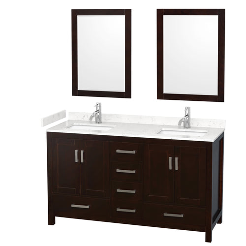 Wyndham Sheffield 60 Inch Double Bathroom Vanity in Espresso, Carrara Cultured Marble Countertop, Undermount Square Sinks, 24 Inch Mirrors- Wyndham