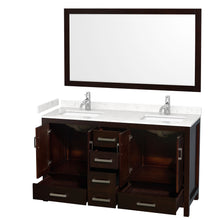 Load image into Gallery viewer, Wyndham Sheffield 60 Inch Double Bathroom Vanity in Espresso, Carrara Cultured Marble Countertop, Undermount Square Sinks, 58 Inch Mirror- Wyndham