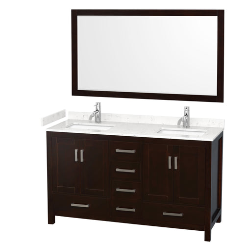 Wyndham Sheffield 60 Inch Double Bathroom Vanity in Espresso, Carrara Cultured Marble Countertop, Undermount Square Sinks, 58 Inch Mirror- Wyndham