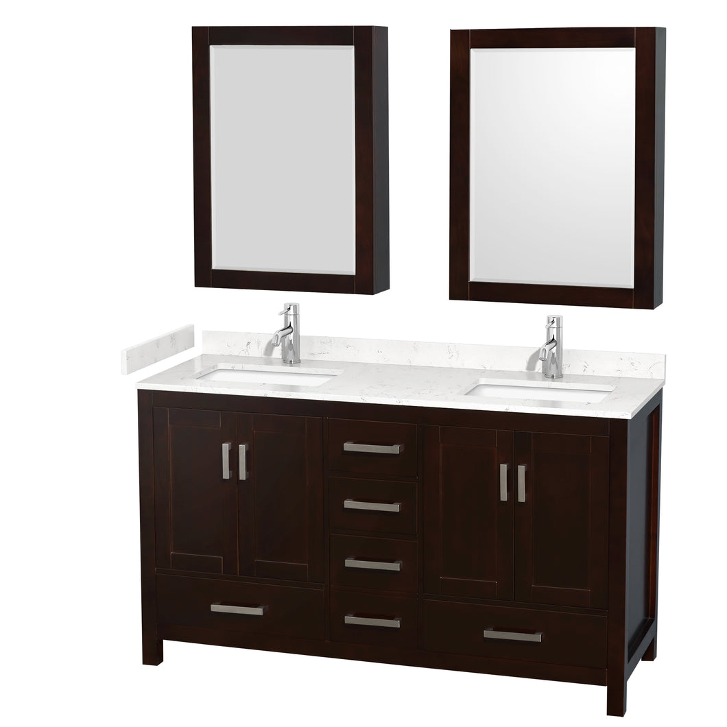 Wyndham Sheffield 60 Inch Double Bathroom Vanity in Espresso, Carrara Cultured Marble Countertop, Undermount Square Sinks, Medicine Cabinets- Wyndham