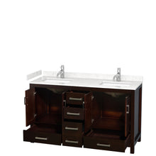 Load image into Gallery viewer, Wyndham Sheffield 60 Inch Double Bathroom Vanity in Espresso, Carrara Cultured Marble Countertop, Undermount Square Sinks, No Mirror- Wyndham