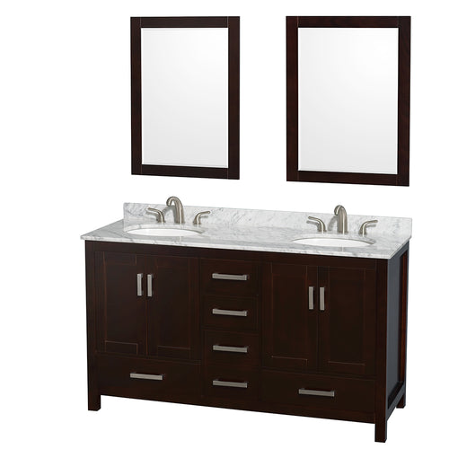 Wyndham Sheffield 60 Inch Double Bathroom Vanity in Espresso, White Carrara Marble Countertop, Undermount Oval Sinks, and 24 Inch Mirrors- Wyndham