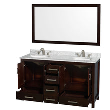 Load image into Gallery viewer, Wyndham Sheffield 60 Inch Double Bathroom Vanity in Espresso, White Carrara Marble Countertop, Undermount Oval Sinks, and 58 Inch Mirror- Wyndham